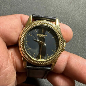 Penatech Mens Quartz Watch Gold Tone Black Dial Black Leather Band Working